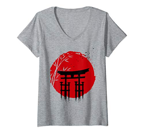 Damen Japanische Sonne rot tempel Graphic Design T-Shirt mit V-Ausschnitt Damen Japanische Sonne rot tempel Graphic Design T-Shirt mit V-Ausschnitt von Japan