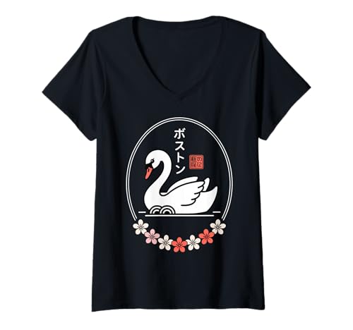 Damen Boston Swan Kawaii - Sakura Aesthetic T-Shirt mit V-Ausschnitt Damen Boston Swan Kawaii - Sakura Aesthetic T-Shirt mit V-Ausschnitt von Japanese Aesthetic Boston - Kawaii Swan