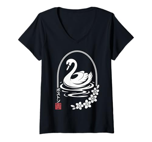 Damen Boston in Katakana - Kawaii Schwan & Sakura T-Shirt mit V-Ausschnitt von Japanese Aesthetic Boston - Kawaii Swan