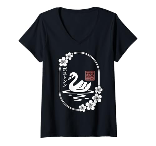 Damen Kawaii Boston City - Schwan und Sakura - Japanische Ästhetik T-Shirt mit V-Ausschnitt von Japanese Aesthetic Boston - Kawaii Swan