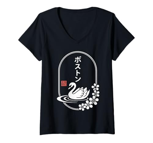 Damen Kawaii Boston Swan - Japanische Blüte T-Shirt mit V-Ausschnitt Damen Kawaii Boston Swan - Japanische Blüte T-Shirt mit V-Ausschnitt von Japanese Aesthetic Boston - Kawaii Swan