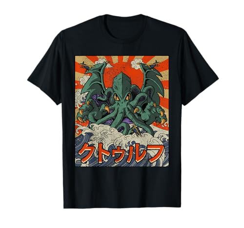 Japanese Aesthetic Clothes And Japan Kaiju Gifts Herren T-Shirt mit Cartoon-Muster und Rundhals-Ausschnitt, Kaiju Cthulhu Necronomicon, Große Welle vor Kanagawa, Schwarz, S von Japanese Aesthetic Clothes And Japan Kaiju Gifts