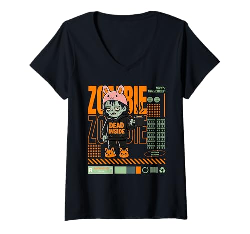 Damen Dead Inside Zombie Coffee Lover Halloween-Vaporwave T-Shirt mit V-Ausschnitt von Japanese Aesthetic Halloween Kawaii Horror Anime