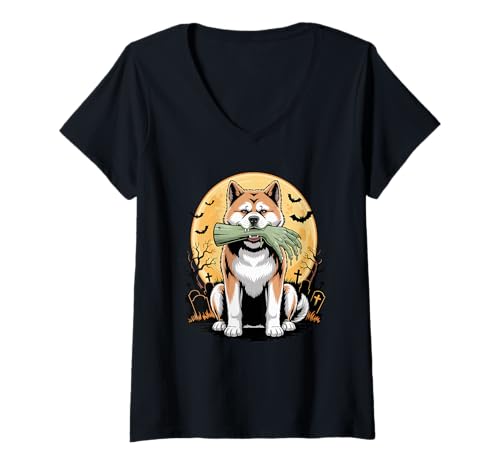 Damen Halloween Mond Zombie Hand Japanese Akita Inu T-Shirt mit V-Ausschnitt Damen Halloween Mond Zombie Hand Japanese Akita Inu T-Shirt mit V-Ausschnitt von Japanese Akita Inu Lover Gifts