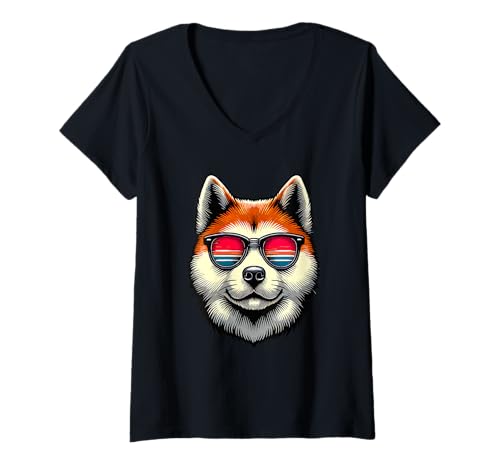 Damen Retro Sonnenbrille Japanese Akita Inu T-Shirt mit V-Ausschnitt Damen Retro Sonnenbrille Japanese Akita Inu T-Shirt mit V-Ausschnitt von Japanese Akita Inu Lover Gifts