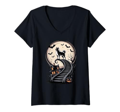 Damen Spukig Halloween Mond Japanese Akita Inu T-Shirt mit V-Ausschnitt von Japanese Akita Inu Lover Gifts