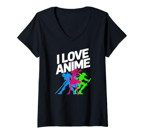 Damen Ich Liebe lebendige Anime-Silhouettenkunst T-Shirt mit V-Ausschnitt Damen Ich Liebe lebendige Anime-Silhouettenkunst T-Shirt mit V-Ausschnitt von Japanese Animation Enthusiast Apparel