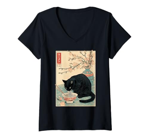 Damen Japanische Vintage-Kunst der schwarzen Katze, die Ramen-Nudeln, Katze isst T-Shirt mit V-Ausschnitt Damen Japanische Vintage-Kunst der schwarzen Katze, die Ramen-Nudeln, Katze isst T-Shirt mit V-Ausschnitt von Japanese Anime Cat Eat Ramen Cherry Blossom