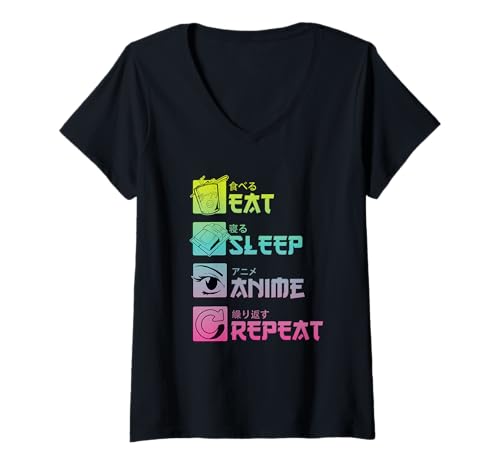 Damen Essen, Schlafen, Anime, Wiederholen T-Shirt mit V-Ausschnitt Damen Essen, Schlafen, Anime, Wiederholen T-Shirt mit V-Ausschnitt von Japanese Anime Kawaii