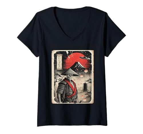 Damen Lustiges Samurai-Skelett UFO Alien Japan Japanisch Ukiyo-e Kunst T-Shirt mit V-Ausschnitt Damen Lustiges Samurai-Skelett UFO Alien Japan Japanisch Ukiyo-e Kunst T-Shirt mit V-Ausschnitt von Japanese Anime Manga Samurai Gifts