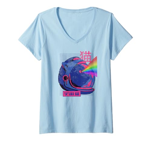 Damen Lustige Anime Astronaut Weltraum Katze Laser Augen Kawaii Meme Retro T-Shirt mit V-Ausschnitt Damen Lustige Anime Astronaut Weltraum Katze Laser Augen Kawaii Meme Retro T-Shirt mit V-Ausschnitt von Japanese Anime Vaporwave Edgy Indie Aesthetic Art