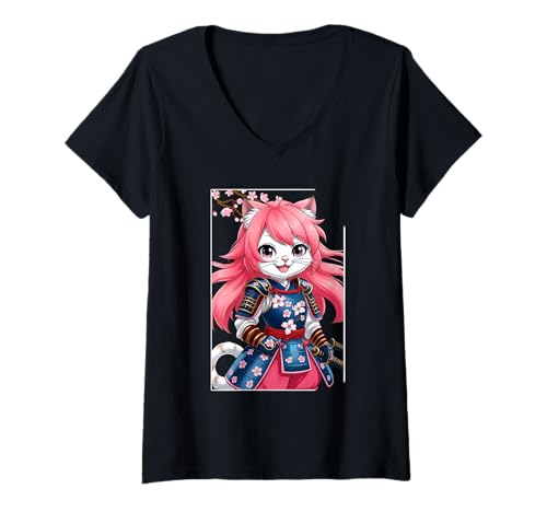 Damen Kriegerkatze Anime Fun Girls Samurai Japanische Katze T-Shirt mit V-Ausschnitt Damen Kriegerkatze Anime Fun Girls Samurai Japanische Katze T-Shirt mit V-Ausschnitt von Japanese Art Anime Cat With Cherry Blossom