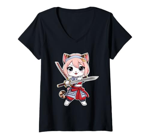 Damen Mädchen Katze Anime Samurai Fun Japanische Katze T-Shirt mit V-Ausschnitt Damen Mädchen Katze Anime Samurai Fun Japanische Katze T-Shirt mit V-Ausschnitt von Japanese Art Anime Cat With Cherry Blossom