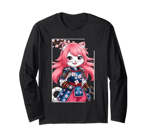Kriegerkatze Anime Fun Girls Samurai Japanische Katze Langarmshirt Kriegerkatze Anime Fun Girls Samurai Japanische Katze Langarmshirt von Japanese Art Anime Cat With Cherry Blossom