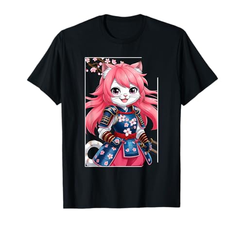 Kriegerkatze Anime Fun Girls Samurai Japanische Katze T-Shirt Kriegerkatze Anime Fun Girls Samurai Japanische Katze T-Shirt von Japanese Art Anime Cat With Cherry Blossom
