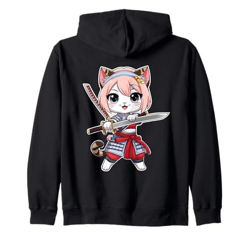 Mädchen Katze Anime Samurai Fun Japanische Katze Kapuzenjacke Mädchen Katze Anime Samurai Fun Japanische Katze Kapuzenjacke von Japanese Art Anime Cat With Cherry Blossom