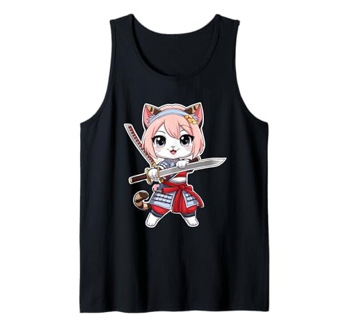Mädchen Katze Anime Samurai Fun Japanische Katze Tank Top Mädchen Katze Anime Samurai Fun Japanische Katze Tank Top von Japanese Art Anime Cat With Cherry Blossom