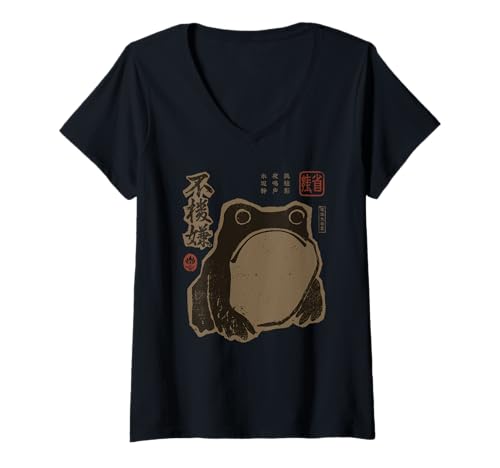 Damen Grumpy Japanese Frog Funny Vintage Grunge T-Shirt mit V-Ausschnitt Damen Grumpy Japanese Frog Funny Vintage Grunge T-Shirt mit V-Ausschnitt von Japanese Art Merch Co.