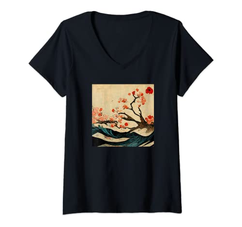 Damen Japanischer Kunstdruck T-Shirt mit V-Ausschnitt Damen Japanischer Kunstdruck T-Shirt mit V-Ausschnitt von Japanese Art Prints by MCMA Japan