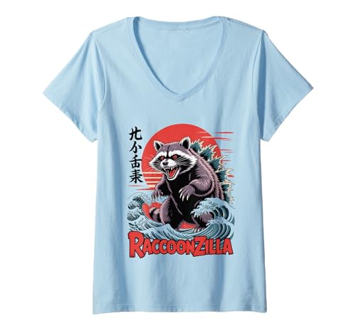 Damen Waschbär Japanische Kunst Lustiger Waschbär für Männer Frauen Kinder T-Shirt mit V-Ausschnitt Damen Waschbär Japanische Kunst Lustiger Waschbär für Männer Frauen Kinder T-Shirt mit V-Ausschnitt von Japanese Art Raccoonzilla Apparel