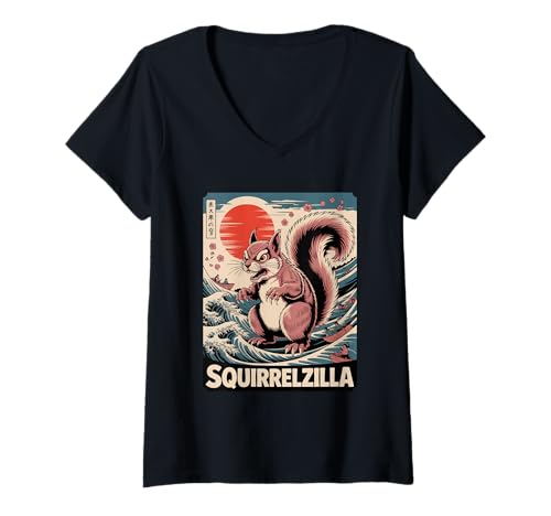 Damen Eichhörnchen Japanische Kunst Lustiges Eichhörnchen für Männer Frauen Kinder T-Shirt mit V-Ausschnitt Damen Eichhörnchen Japanische Kunst Lustiges Eichhörnchen für Männer Frauen Kinder T-Shirt mit V-Ausschnitt von Japanese Art Squirrelzilla Apparel