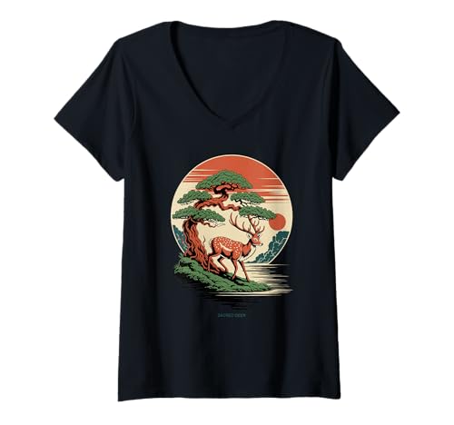 Damen Japanischer Hirsch Mythologie Folklore Zen Bonsai Tier T-Shirt mit V-Ausschnitt Damen Japanischer Hirsch Mythologie Folklore Zen Bonsai Tier T-Shirt mit V-Ausschnitt von Japanese Art outfits