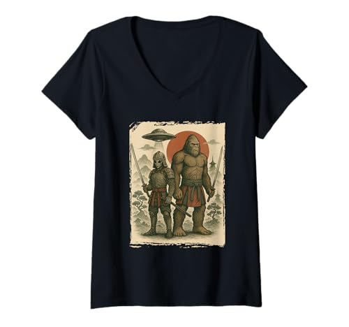 Damen Samurai, Bigfoot & Alien, UFO | Vintage Ninja & Japanisch T-Shirt mit V-Ausschnitt von Japanese Art & Japan Themed Graphics & Gifts
