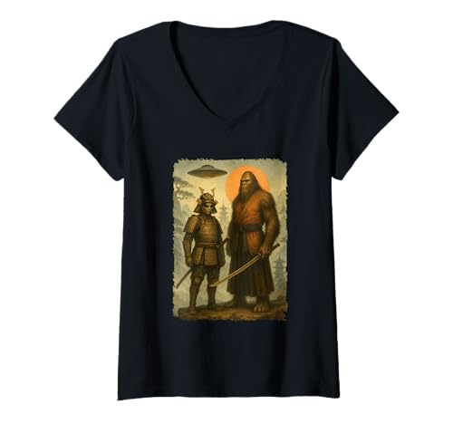 Damen Samurai Alien & Bigfoot | Vintage Japanisch, UFO & Ninja T-Shirt mit V-Ausschnitt von Japanese Art & Japan Themed Graphics & Gifts