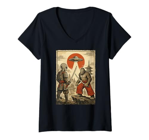 Damen Samurai Bigfoot & Alien, UFO | Vintage Japanisch & Ninja T-Shirt mit V-Ausschnitt von Japanese Art & Japan Themed Graphics & Gifts