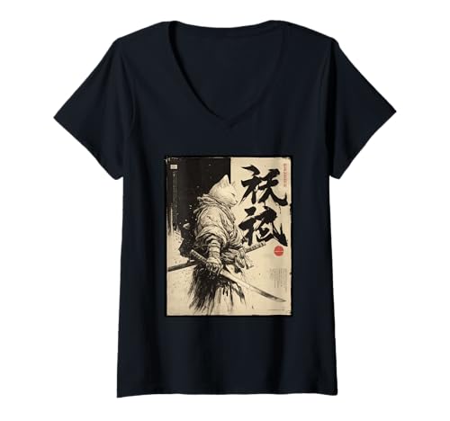 Damen Samurai Cat Warrior, für Herren | Cat Samurai Graphic, Japanisch T-Shirt mit V-Ausschnitt von Japanese Art & Japan Themed Graphics & Gifts
