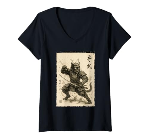 Damen Samurai Cat Warrior | Japanische Vintage, Katze Samurai Grafik T-Shirt mit V-Ausschnitt von Japanese Art & Japan Themed Graphics & Gifts