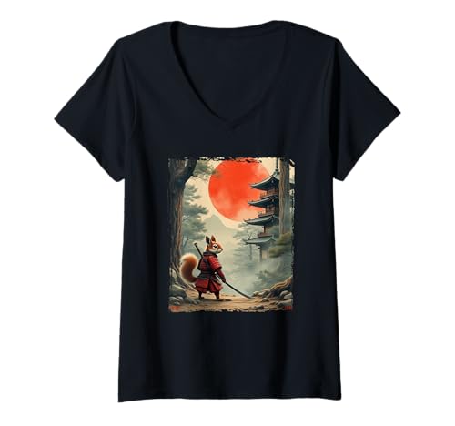 Damen Samurai-Eichhörnchen | Japanische Vintage-Kunst, Eichhörnchen T-Shirt mit V-Ausschnitt von Japanese Art & Japan Themed Graphics & Gifts