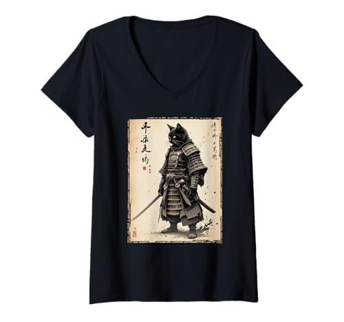Damen Samurai-Katze, japanische Kunst, Schwarze Vintage-Katze, Samurai-Krieger T-Shirt mit V-Ausschnitt von Japanese Art & Japan Themed Graphics & Gifts