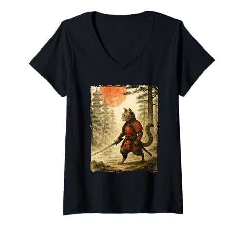 Damen Samurai-Katze | Japanische Vintage-Kunst, Katzensamurai T-Shirt mit V-Ausschnitt von Japanese Art & Japan Themed Graphics & Gifts