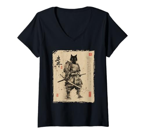 Damen Samurai-Katze | Männer, Schwarze Katze, Samurai-Kunstgrafik, Japanisch T-Shirt mit V-Ausschnitt Damen Samurai-Katze | Männer, Schwarze Katze, Samurai-Kunstgrafik, Japanisch T-Shirt mit V-Ausschnitt von Japanese Art & Japan Themed Graphics & Gifts