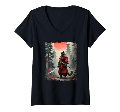 Damen Samurai-Katze | Vintage japanische Kunst, Katze Samurai T-Shirt mit V-Ausschnitt von Japanese Art & Japan Themed Graphics & Gifts