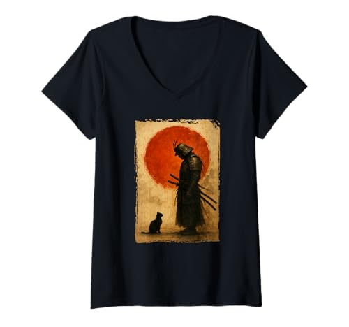Damen Samurai-Krieger | Vintage japanischer Kämpfer & Kunst, Schwarze Katze T-Shirt mit V-Ausschnitt von Japanese Art & Japan Themed Graphics & Gifts