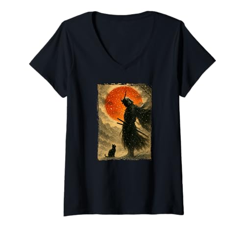 Damen Samurai-Krieger & Kämpfer | Schwarze Katze & japanische Vintage-Kunst T-Shirt mit V-Ausschnitt von Japanese Art & Japan Themed Graphics & Gifts