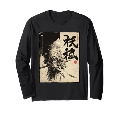 Samurai Cat Warrior, für Herren | Cat Samurai Graphic, Japanisch Langarmshirt von Japanese Art & Japan Themed Graphics & Gifts