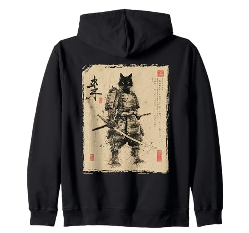 Samurai-Katze | Männer, Schwarze Katze, Samurai-Kunstgrafik, Japanisch Kapuzenjacke von Japanese Art & Japan Themed Graphics & Gifts