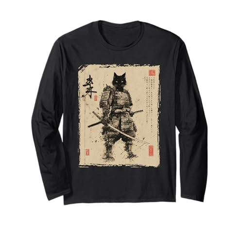 Samurai-Katze | Männer, Schwarze Katze, Samurai-Kunstgrafik, Japanisch Langarmshirt von Japanese Art & Japan Themed Graphics & Gifts