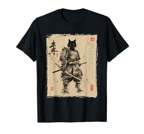 Samurai-Katze | Männer, Schwarze Katze, Samurai-Kunstgrafik, Japanisch T-Shirt von Japanese Art & Japan Themed Graphics & Gifts