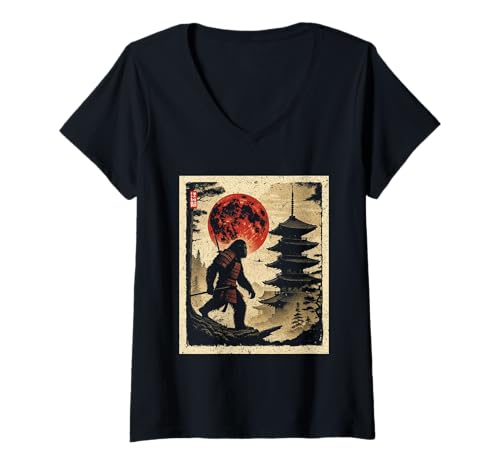 Damen Japanischer Samurai Bigfoot UFO Anime Vintage Fighter Ukiyo-e T-Shirt mit V-Ausschnitt von Japanese Bigfoot UFO Woodblock Art Japan Culture