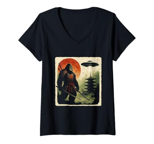 Damen Japanischer Samurai Bigfoot UFO Anime Vintage Fighter Ukiyo-e T-Shirt mit V-Ausschnitt von Japanese Bigfoot UFO Woodblock Art Japan Culture