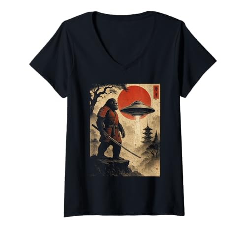Damen Japanischer Samurai Bigfoot UFO Anime Vintage Fighter Ukiyo-e T-Shirt mit V-Ausschnitt von Japanese Bigfoot UFO Woodblock Art Japan Culture