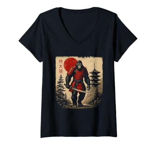 Damen Japanischer Samurai Bigfoot UFO Anime Vintage Fighter Ukiyo-e T-Shirt mit V-Ausschnitt von Japanese Bigfoot UFO Woodblock Art Japan Culture