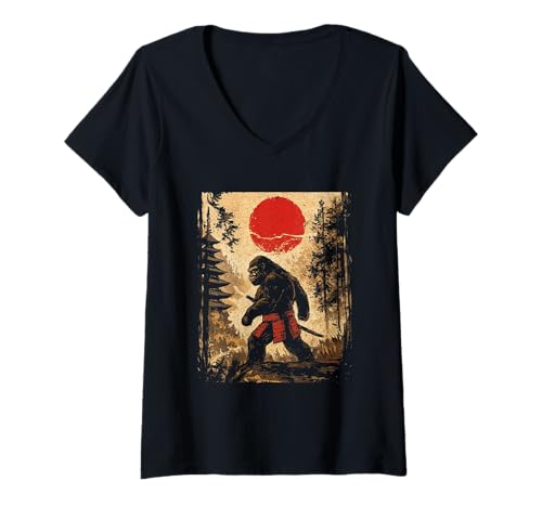Damen Japanischer Samurai Bigfoot UFO Anime Vintage Fighter Ukiyo-e T-Shirt mit V-Ausschnitt von Japanese Bigfoot UFO Woodblock Art Japan Culture
