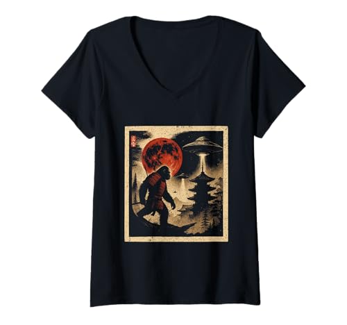 Damen Samurai Bigfoot UFO Japanischer Vintage Ukiyo-e Art Woodblock T-Shirt mit V-Ausschnitt von Japanese Bigfoot UFO Woodblock Art Japan Culture