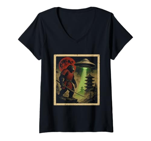Damen Samurai Bigfoot UFO Japanischer Vintage Ukiyo-e Art Woodblock T-Shirt mit V-Ausschnitt von Japanese Bigfoot UFO Woodblock Art Japan Culture