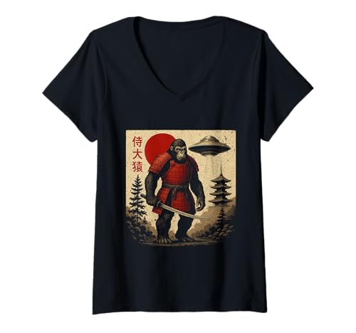 Damen Samurai Bigfoot UFO Japanischer Vintage Ukiyo-e Art Woodblock T-Shirt mit V-Ausschnitt von Japanese Bigfoot UFO Woodblock Art Japan Culture